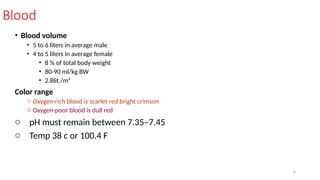 4
Blood
• Blood volume
• 5 to 6 liters in average male
• 4 to 5 liters in average female
• 8 % of total body weight
• 80-90 ml/kg BW
• 2.8lit./m²
Color range
o Oxygen-rich blood is scarlet red bright crimson
o Oxygen-poor blood is dull red
o pH must remain between 7.35–7.45
o Temp 38 c or 100.4 F
 