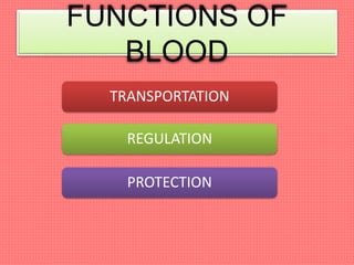 FUNCTIONS OF
BLOOD
TRANSPORTATION
REGULATION
PROTECTION
 