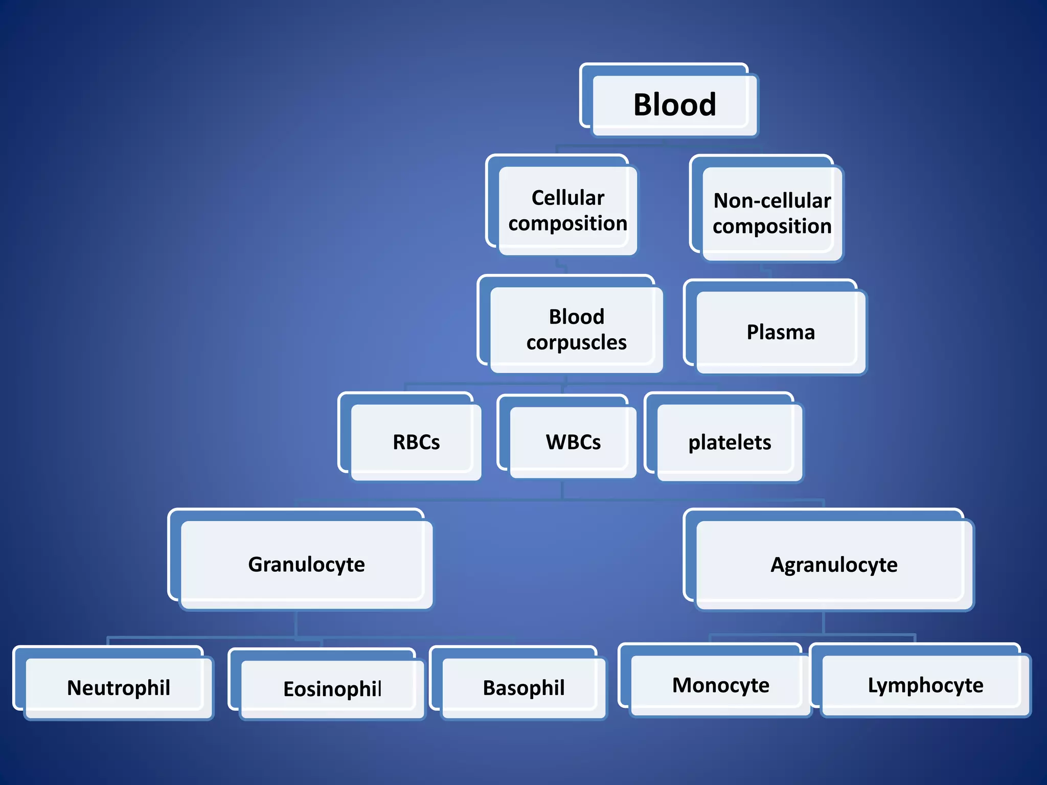 Blood
Cellular
composition
Blood
corpuscles
RBCs WBCs
Granulocyte
Neutrophil Eosinophil Basophil
Agranulocyte
Monocyte Lymphocyte
platelets
Non-cellular
composition
Plasma
 