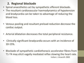 2. Regional blockade
• Spinal anaesthetics act by sympathetic efferent blockade.
• The resultant cardiovascular haemodynamics of hypotension
and bradycardia can be taken to advantage of reducing the
blood loss.
• Venous pooling and resultant preload reduction decrease the
cardiac output.
• Arterial dilatation decreases the total peripheral resistance.
• Clinically significant bradycardia occurs with an incidence of
10-15%.
• Blockade of sympathetic cardiothoracic accelerator fibres from
T1-T4 may elicit vagally mediated reflex slowing the heart rate.
Indian J. Anaesth 2002
 