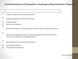 1.
Evidence of infection and risk of bacteremia
2.
Scheduled surgery to correct aortic stenosis
3. Unstable angina
4. Active seizure disorder
5.
Myocardial infarction or cerebrovascular accident within 6 months of donation
6.
Patients with significant cardiac or pulmonary disease who have not yet been
cleared for surgery by their treating physician
7.
High-grade left main coronary artery disease
8. Cyanotic heart disease
9. Uncontrolled hypertension
Contraindications to Participation in Autologous Blood Donation Programs
Text from Miller
 