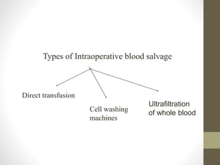 Types of Intraoperative blood salvage
Direct transfusion
Cell washing
machines
Ultrafiltration
of whole blood
 