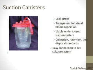 Suction Canisters
Leak-proof
Transparent for visual
blood inspection
Viable under closed
suction system
Collection, retention, and
disposal standards
Easy connection to cell
salvage system
Frost & Sullivan, 2003
Suction canisters are plastic
containers used during irrigation to
remove excess fluids from pts &
provide a clear surgical site for
operations
 
