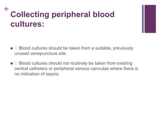 +
Collecting peripheral blood
cultures:
 Blood cultures should be taken from a suitable, previously
unused venepuncture site.
 Blood cultures should not routinely be taken from existing
central catheters or peripheral venous cannulae where there is
no indication of sepsis
 