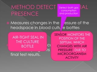  Measures changes in the pressure of the
headspace in blood culture bottles
 Automated blood culture analyzers have
computer programs to determine the
final test results.
AIR-TIGHT SEAL IN
THE CULTURE
BOTTLE
SENSOR MONITORS THE
POSITION OF THE
SEPTUM, WHICH
CHANGES WITH AIR
PRESSURE, DUE TO
MICROORGANISM
ACTIVITY
Detect both gas
consumption
and production
 