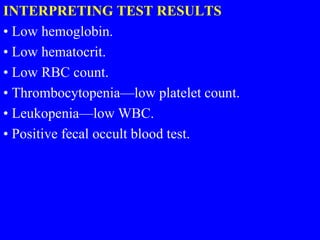 INTERPRETING TEST RESULTS
• Low hemoglobin.
• Low hematocrit.
• Low RBC count.
• Thrombocytopenia—low platelet count.
• Leukopenia—low WBC.
• Positive fecal occult blood test.
 