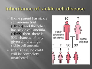  If one parent has sickle
cell anemia trait
(HbAS) and the other
has sickle cell anemia
(HbSS) then there is
50% chances of any
given child will get
sickle cell anemia
 In this case, no child
will be compelety
unaffected
 