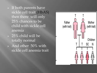  If both parents have
sickle cell trait (HbAS)
then there will only
25% chances to be
child with sickle cell
anemia
 25% child will be
totally normal
 And other 50% with
sickle cell anemia trait
 