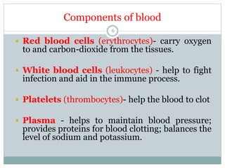 Components of blood
6
 Red blood cells (erythrocytes)- carry oxygen
to and carbon-dioxide from the tissues.
 White blood cells (leukocytes) - help to fight
infection and aid in the immune process.
 Platelets (thrombocytes)- help the blood to clot
 Plasma - helps to maintain blood pressure;
provides proteins for blood clotting; balances the
level of sodium and potassium.
 