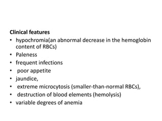 Clinical features
• hypochromia(an abnormal decrease in the hemoglobin
content of RBCs)
• Paleness
• frequent infections
• poor appetite
• jaundice,
• extreme microcytosis (smaller-than-normal RBCs),
• destruction of blood elements (hemolysis)
• variable degrees of anemia
 