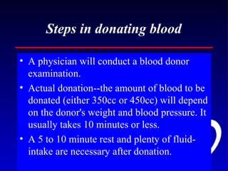 Steps in donating blood A physician will conduct a blood donor examination. Actual donation--the amount of blood to be donated (either 350cc or 450cc) will depend on the donor's weight and blood pressure. It usually takes 10 minutes or less. A 5 to 10 minute rest and plenty of fluid-intake are necessary after donation. 