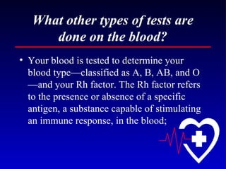What other types of tests are done on the blood? Your blood is tested to determine your blood type—classified as A, B, AB, and O—and your Rh factor. The Rh factor refers to the presence or absence of a specific antigen, a substance capable of stimulating an immune response, in the blood;  