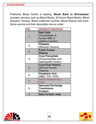 BLOOD DONATION




  Prathama Blood Centre is leading Blood Bank in Ahmedabad
  provides services such as Blood Banks, 24 Hours Blood Banks, Blood
  Donation Centres, Blood Collection Centres, Blood Plasma and more.
  Some service and their description are as under.

                 NO.      PRODUCT/SERVICE
                          Red Cells
                          (Concentrate of
                  1.
                          human RBC in
                          additive solution)
                          Platelets
                  2.
                          (Random Donors)
                          Fresh Frozen
                  3.
                          Plasma
                          Cryo Precipitate
                  4.      (Cryoprecipitate anti
                          haemophillc Factor)
                          Cryo Poor Plasma
                  5.      (Normal Human
                          Plasma)
                          Paediatric Unit
                  6.
                          (RBC, FFP, CPP)
                          Saline Washed Red
                  7.
                          Cells
                          Neonatal Exchange
                  8.      Transfusion
                          Product
                  9.      Door to Door vane




                                 18
 