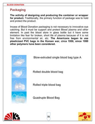 BLOOD DONATION

  Packaging
  The activity of designing and producing the container or wrapper
  for product. Traditionally, the primary function of package was to hold
  and protect the product.

  Incase of Blood Donation packaging is not necessary to innovative eye
  catching. But it must be support and protect Blood plasma and other
  element. In past the blood store in glass bottle but it have some
  limitation like fear for broken, short life of plasma because of it is not
  free from environmental air, etc. The Americans began to use
  plasticized PVC bags in the Korean war, circa 1950, since 1990
  other polymers have been considered.




                        Blow-extruded single blood bag type A




                       Rolled double blood bag



                       Rolled triple blood bag



                       Quadruple Blood Bag




                                     31
 