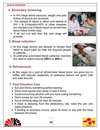 BLOOD DONATION

4. Secondary screening:
   In this stage blood pressure, weight and past
    history of donors are reviewed.
   The sample of blood is taken and testing of
    HIV 1 & 2,Hepatitis,HCV or other diseases
    are checked and if blood report is normal then
    donor follow further step.
   If all turn out well then the next stage will
    proceed.
 5. Blood collection:
   At this stage donors are allowed to donate their
    blood to blood bank for help the required people
    or patients.
   At prathama automated blood collection monitors
    are used to collect around 350ml to 450ml.


 6. Refreshment:
  At this stage as a part of refreshment blood donor are given tea or
   coffee with biscuits, especially at prathama donors are given hide
   and seek biscuits.

 7. Post Donation Care
     Eat and Drinks something before leaving
     Drink more liquids than usual in next 4 hours
     Avoid consuming alcohol until you have eating something
     Don't smoke for next 30 minutes
     Avoid climbing steps for next 30 minutes
     If there is bleeding from the phlebotomy site, raise the arm and
     apply pressure
     If fainting or dizziness occurs, either lie down or site with the head
     between the knees


                                    60
 