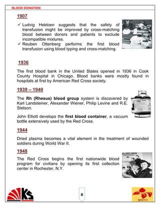 BLOOD DONATION

  1907
   Ludvig Hektoen suggests that the safety of
    transfusion might be improved by cross-matching
    blood between donors and patients to exclude
    incompatible mixtures.
   Reuben Ottenberg performs the first blood
    transfusion using blood typing and cross-matching.


   1936
  The first blood bank in the United States opened in 1936 in Cook
  County Hospital in Chicago. Blood banks were mostly found in
  hospitals at first by American Red Cross society.

  1939 – 1940
  The Rh (Rhesus) blood group system is discovered by
  Karl Landsteiner, Alexander Wiener, Philip Levine and R.E.
  Stetson.

  John Elliott develops the first blood container, a vacuum
  bottle extensively used by the Red Cross.

  1944
  Dried plasma becomes a vital element in the treatment of wounded
  soldiers during World War II.
  1948
  The Red Cross begins the first nationwide blood
  program for civilians by opening its first collection
  center in Rochester, N.Y.




                                   8
 