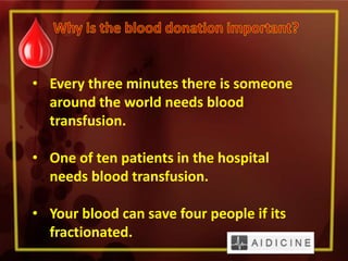 • Every three minutes there is someone
around the world needs blood
transfusion.
• One of ten patients in the hospital
needs blood transfusion.
• Your blood can save four people if its
fractionated.
 