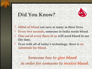 Did You Know?
 450ml of blood can save as many as three lives.
 Every two seconds, someone in India needs blood.
 One out of every three of us will need blood in our
life time.
 Even with all of today’s technology, there is no
substitute for blood.
Someone has to give blood
in order for someone to receive blood.
 