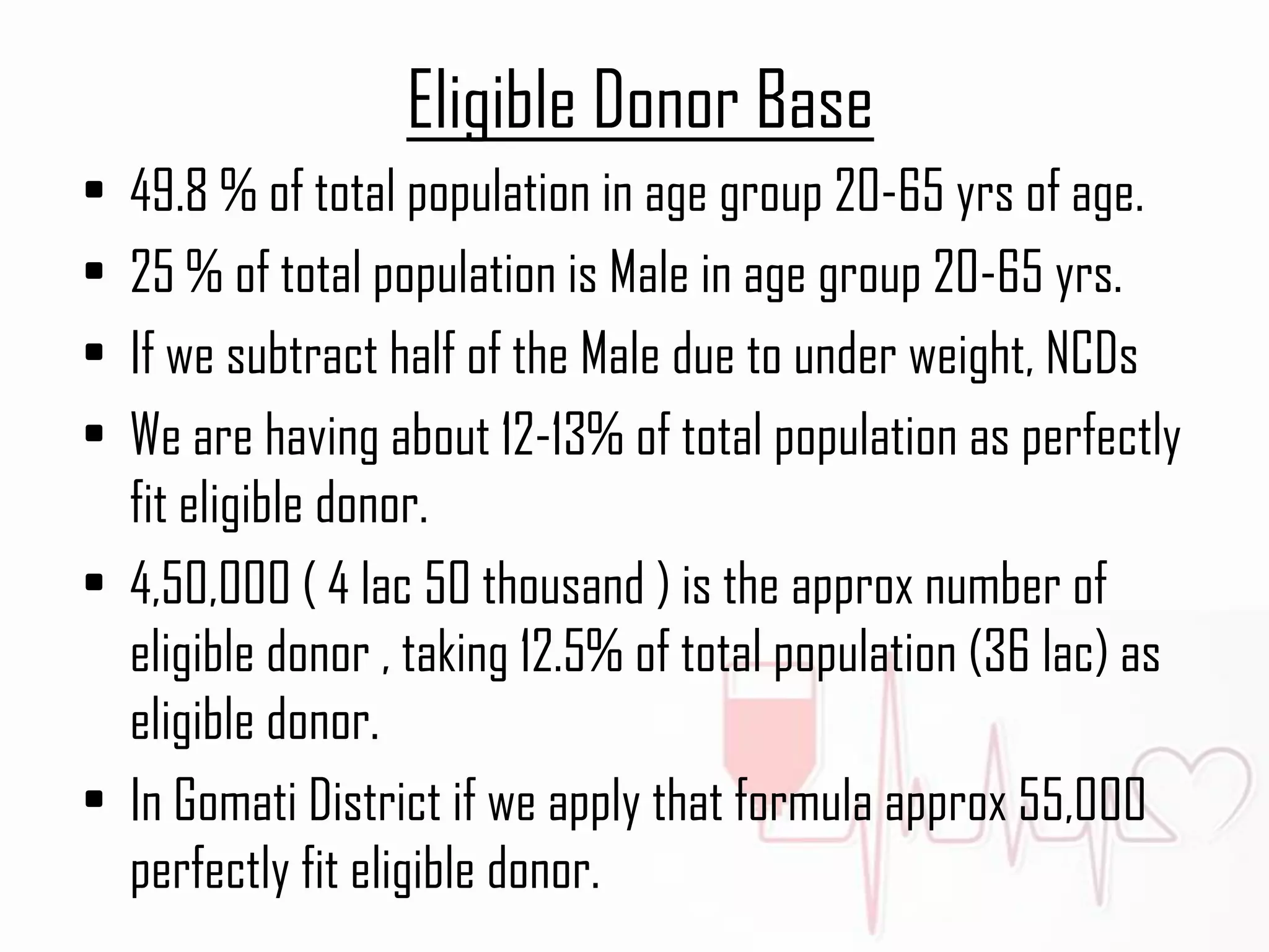 Eligible Donor Base
• 49.8 % of total population in age group 20-65 yrs of age.
• 25 % of total population is Male in age group 20-65 yrs.
• If we subtract half of the Male due to under weight, NCDs
• We are having about 12-13% of total population as perfectly
fit eligible donor.
• 4,50,000 ( 4 lac 50 thousand ) is the approx number of
eligible donor , taking 12.5% of total population (36 lac) as
eligible donor.
• In Gomati District if we apply that formula approx 55,000
perfectly fit eligible donor.
 