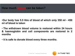 In Time Tec – Company Confidential
How much blood can be taken?
•Our body has 5.5 litre of blood of which only 350 ml - 450
ml of blood is taken
• The withdrawn blood volume is restored within 24 hours
& haemoglobin and cell components are restored in 2
months
• it is safe to donate blood every three months.
 