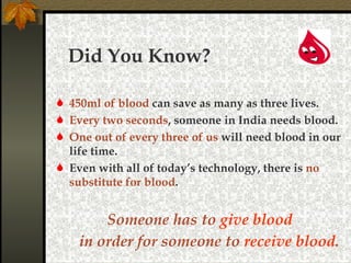 Did You Know? 450ml of blood  can save as many as three lives. Every two seconds , someone in India needs blood.  One out of every three of us  will need blood in our life time. Even with all of today’s technology, there is  no substitute for blood . Someone has to  give blood   in order for someone to  receive blood .   