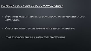 • EVERY THREE MINUTES THERE IS SOMEONE AROUND THE WORLD NEEDS BLOOD
TRANSFUSION.
• ONE OF TEN PATIENTS IN THE HOSPITAL NEEDS BLOOD TRANSFUSION.
• YOUR BLOOD CAN SAVE FOUR PEOPLE IF ITS FRACTIONATED.
 