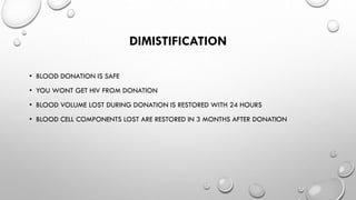 DIMISTIFICATION
• BLOOD DONATION IS SAFE
• YOU WONT GET HIV FROM DONATION
• BLOOD VOLUME LOST DURING DONATION IS RESTORED WITH 24 HOURS
• BLOOD CELL COMPONENTS LOST ARE RESTORED IN 3 MONTHS AFTER DONATION
 