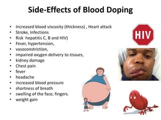 Side-Effects of Blood Doping
• Increased blood viscosity (thickness) , Heart attack
• Stroke, Infections
• Risk hepatitis C, B and HIV)
• Fever, hypertension,
• vasoconstriction,
• impaired oxygen delivery to tissues,
• kidney damage
• Chest pain
• fever
• headache
• increased blood pressure
• shortness of breath
• swelling of the face, fingers.
• weight gain
 