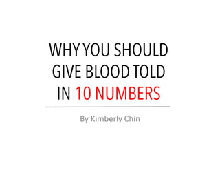 WHYYOU SHOULD
GIVE BLOOD TOLD
IN 10 NUMBERS
By	
  Kimberly	
  Chin	
  
 