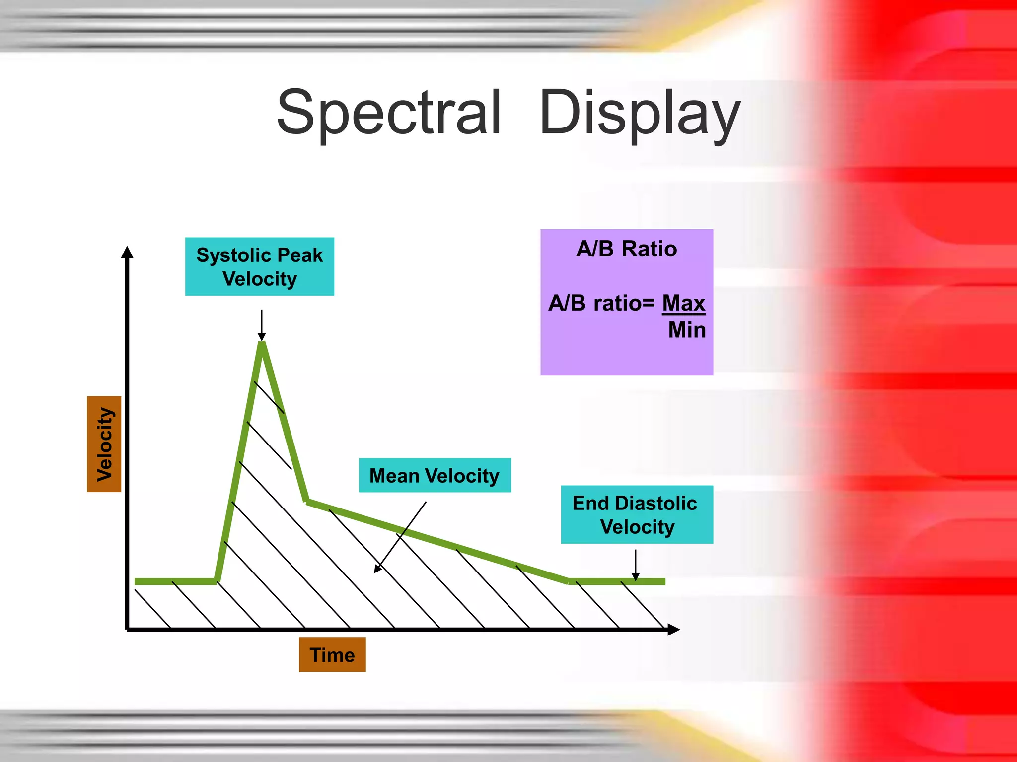 Spectral Display
A/B Ratio

Systolic Peak
Velocity

Velocity

A/B ratio= Max
Min

Mean Velocity
End Diastolic
Velocity

Time

 