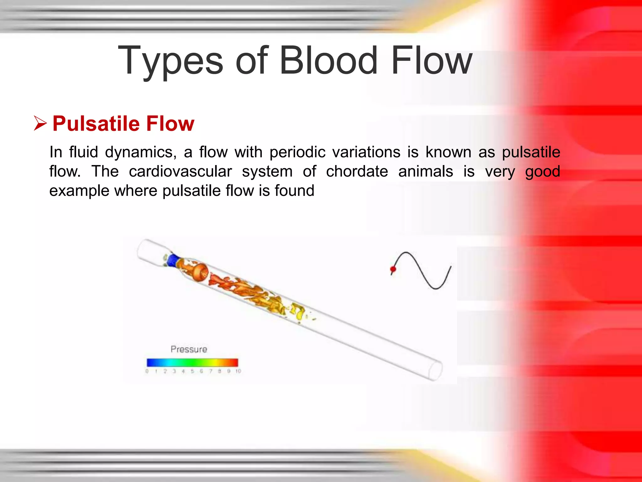 Types of Blood Flow
 Pulsatile Flow
In fluid dynamics, a flow with periodic variations is known as pulsatile
flow. The cardiovascular system of chordate animals is very good
example where pulsatile flow is found

 