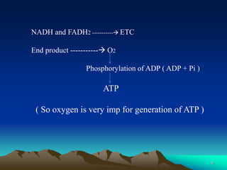 6
NADH and FADH2 ----------- ETC
End product ----------- O2
Phosphorylation of ADP ( ADP + Pi )
ATP
( So oxygen is very imp for generation of ATP )
 