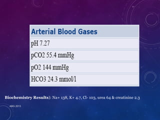 Biochemistry Results): Na+ 138, K+ 4.7, Cl- 103, urea 64 & creatinine 2.3 
ABG 2013 
 