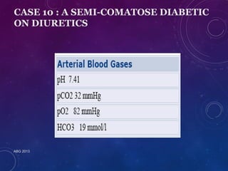 CASE 10 : A SEMI-COMATOSE DIABETIC 
ON DIURETICS 
ABG 2013 
 