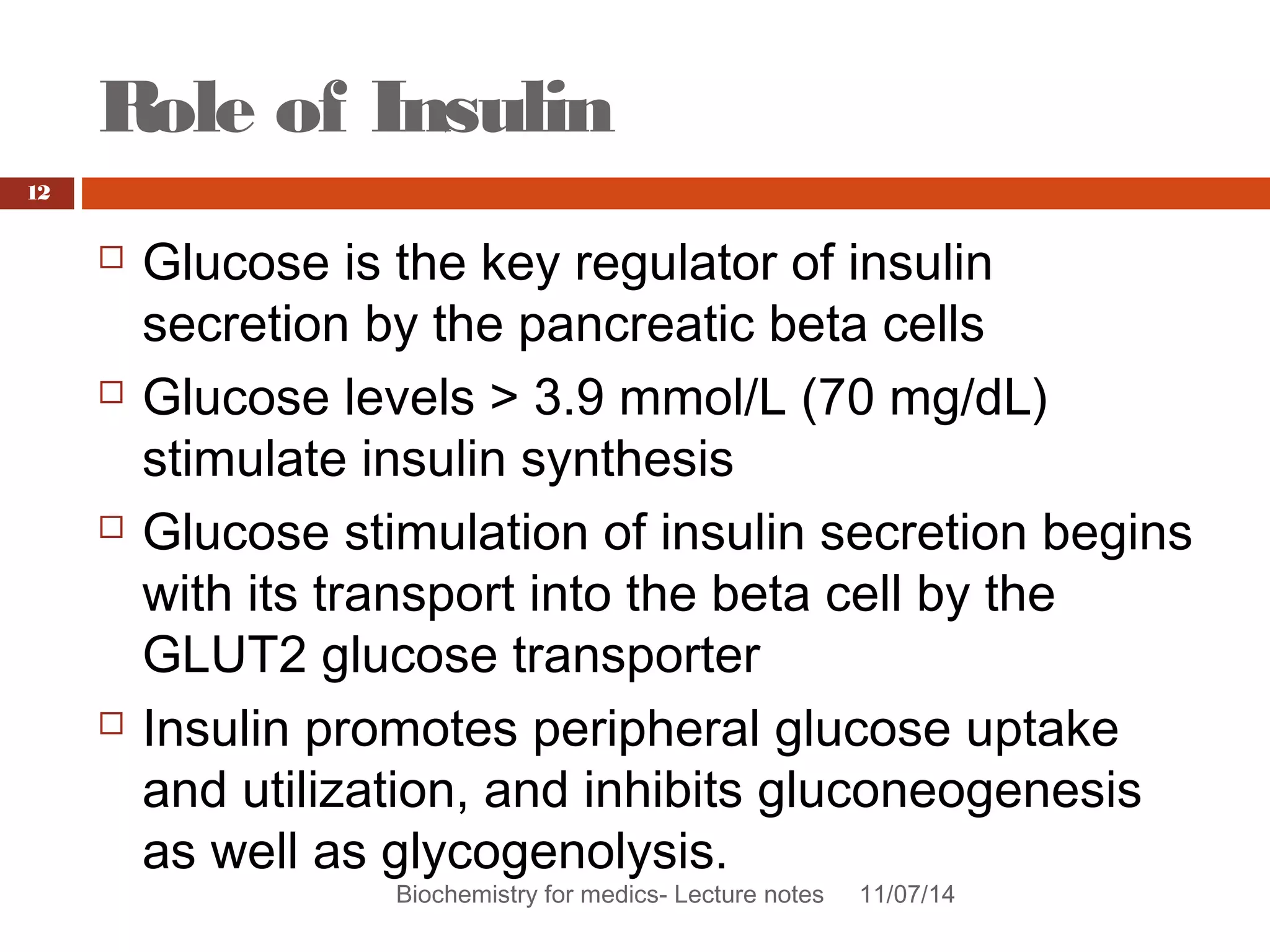 Role of Insulin 
Biochemistry for medics- Lecture notes 11/07/14 
12 
 Glucose is the key regulator of insulin 
secretion by the pancreatic beta cells 
 Glucose levels > 3.9 mmol/L (70 mg/dL) 
stimulate insulin synthesis 
 Glucose stimulation of insulin secretion begins 
with its transport into the beta cell by the 
GLUT2 glucose transporter 
 Insulin promotes peripheral glucose uptake 
and utilization, and inhibits gluconeogenesis 
as well as glycogenolysis. 
 