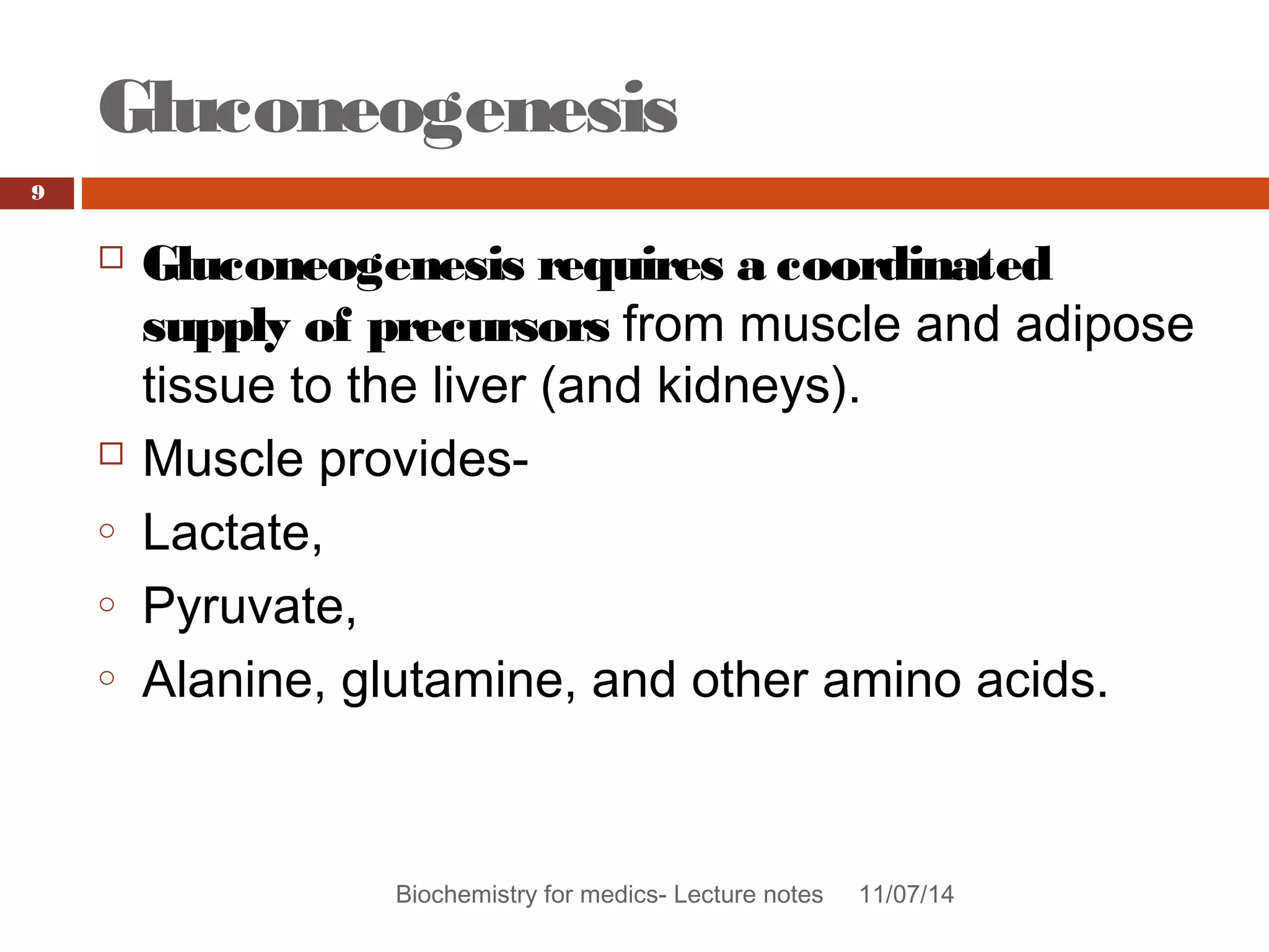 Gluconeogenesis 
Biochemistry for medics- Lecture notes 11/07/14 
9 
 Gluconeogenesis requires a coordinated 
supply of precursors from muscle and adipose 
tissue to the liver (and kidneys). 
 Muscle provides-o 
Lactate, 
o Pyruvate, 
o Alanine, glutamine, and other amino acids. 
 