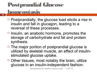 Postprandial Glucose 
homeostasis 
Biochemistry for medics- Lecture notes 11/07/14 
16 
 Postprandially, the glucose load elicits a rise in 
insulin and fall in glucagon, leading to a 
reversal of these processes. 
 Insulin, an anabolic hormone, promotes the 
storage of carbohydrate and fat and protein 
synthesis. 
 The major portion of postprandial glucose is 
utilized by skeletal muscle, an effect of insulin-stimulated 
glucose uptake. 
 Other tissues, most notably the brain, utilize 
glucose in an insulin-independent fashion. 
 
