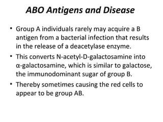 ABO Antigens and Disease
• Group A individuals rarely may acquire a B
  antigen from a bacterial infection that results
  in the release of a deacetylase enzyme.
• This converts N-acetyl-D-galactosamine into
  α-galactosamine, which is similar to galactose,
  the immunodominant sugar of group B.
• Thereby sometimes causing the red cells to
  appear to be group AB.
 