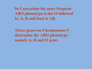 In Caucasians the most frequent
ABO phenotype is the O followed
by A, B and least is AB.

Three genes on Chromosome 9
determine the ABO phenotype
namely A, B and O gene.
 