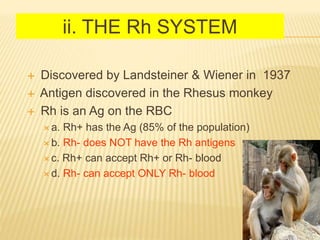  Discovered by Landsteiner & Wiener in 1937
 Antigen discovered in the Rhesus monkey
 Rh is an Ag on the RBC
 a. Rh+ has the Ag (85% of the population)
 b. Rh- does NOT have the Rh antigens
 c. Rh+ can accept Rh+ or Rh- blood
 d. Rh- can accept ONLY Rh- blood
15
ii. THE Rh SYSTEM
 