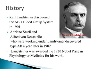  Karl Landsteiner discovered
the ABO Blood Group System
in 1901.
 Adriano Sturli and
Alfred von Decastello
who were working under Landsteiner discovered
type AB a year later in 1902
 Landsteiner was awarded the 1930 Nobel Prize in
Physiology or Medicine for his work.
Karl Landsteiner
Mujtaba Ashraf 16/09/2015 8
 