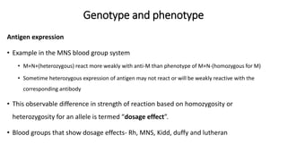 Genotype and phenotype
Antigen expression
• Example in the MNS blood group system
• M+N+(heterozygous) react more weakly with anti-M than phenotype of M+N-(homozygous for M)
• Sometime heterozygous expression of antigen may not react or will be weakly reactive with the
corresponding antibody
• This observable difference in strength of reaction based on homozygosity or
heterozygosity for an allele is termed “dosage effect”.
• Blood groups that show dosage effects- Rh, MNS, Kidd, duffy and lutheran
 