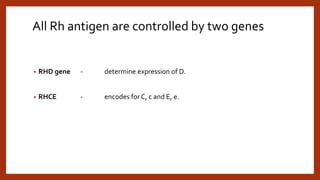 All Rh antigen are controlled by two genes
• RHD gene - determine expression of D.
• RHCE - encodes for C, c and E, e.
 