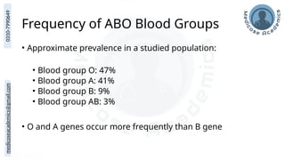 medicoseacademics@gmail.com
0310-7990649
Frequency of ABO Blood Groups
• Approximate prevalence in a studied population:
• Blood group O: 47%
• Blood group A: 41%
• Blood group B: 9%
• Blood group AB: 3%
• O and A genes occur more frequently than B gene
 