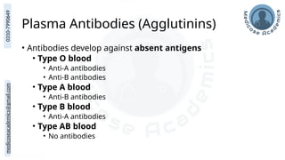medicoseacademics@gmail.com
0310-7990649
Plasma Antibodies (Agglutinins)
• Antibodies develop against absent antigens
• Type O blood
• Anti-A antibodies
• Anti-B antibodies
• Type A blood
• Anti-B antibodies
• Type B blood
• Anti-A antibodies
• Type AB blood
• No antibodies
 
