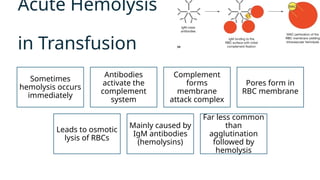 medicoseacademics@gmail.com
0310-7990649
Sometimes
hemolysis occurs
immediately
Antibodies
activate the
complement
system
Complement
forms
membrane
attack complex
Pores form in
RBC membrane
Leads to osmotic
lysis of RBCs
Mainly caused by
IgM antibodies
(hemolysins)
Far less common
than
agglutination
followed by
hemolysis
Acute Hemolysis
in Transfusion
 