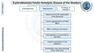 medicoseacademics@gmail.com
0310-7990649 Erythroblastosis Fetalis Hemolytic Disease of the Newborn
Pathogenesis Mechanism
Maternal anti-Rh antibodies
cross placenta
Cause agglutination of fetal
RBCs
RBCs undergo hemolysis
Hemoglobin is converted to
bilirubin
Leads to jaundice in the
newborn
Antibodies may also damage
other fetal cells
Findings in
newborn
 