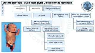 medicoseacademics@gmail.com
0310-7990649
Erythroblastosis Fetalis Hemolytic Disease of the Newborn
Pathogenesis Mechanism Findings in newborn
Severe anemia Jaundice
Excess bilirubin may
deposit in brain tissue
Causes neuronal
damage
Leads to condition
called kernicterus
Mental impairment
Motor dysfunction
Permanent
neurological damage
Enlarged liver and
spleen
Rapid RBC production in
hematopoietic tissues
Release of immature
nucleated RBCs
Hence
erythroblastosis fetalis
 