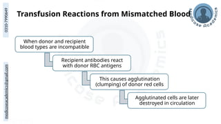 medicoseacademics@gmail.com
0310-7990649
Transfusion Reactions from Mismatched Blood
When donor and recipient
blood types are incompatible
Recipient antibodies react
with donor RBC antigens
This causes agglutination
(clumping) of donor red cells
Agglutinated cells are later
destroyed in circulation
 