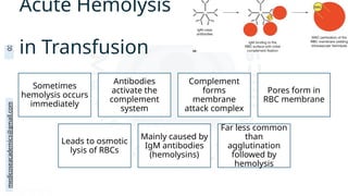 medicoseacademics@gmail.com
0310-7990649
Sometimes
hemolysis occurs
immediately
Antibodies
activate the
complement
system
Complement
forms
membrane
attack complex
Pores form in
RBC membrane
Leads to osmotic
lysis of RBCs
Mainly caused by
IgM antibodies
(hemolysins)
Far less common
than
agglutination
followed by
hemolysis
Acute Hemolysis
in Transfusion
 